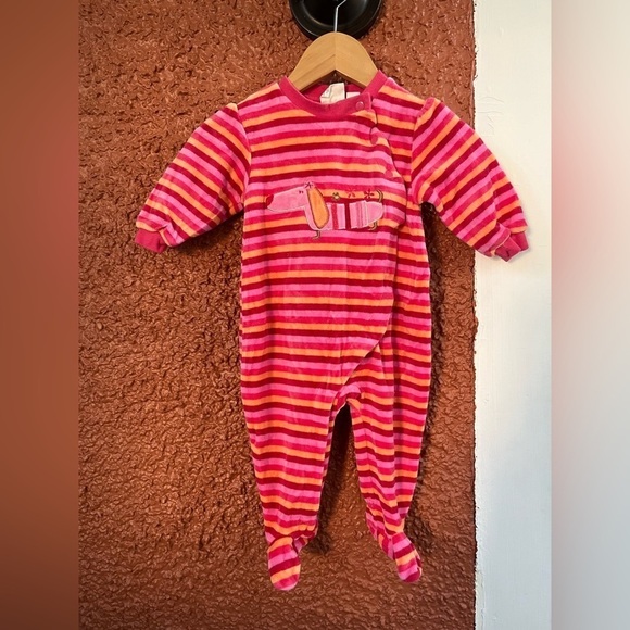 Petit Lem Lounge Baby Girls Footed Sleeper 6 Months Pink Red Orange Striped Dog - Picture 1 of 7